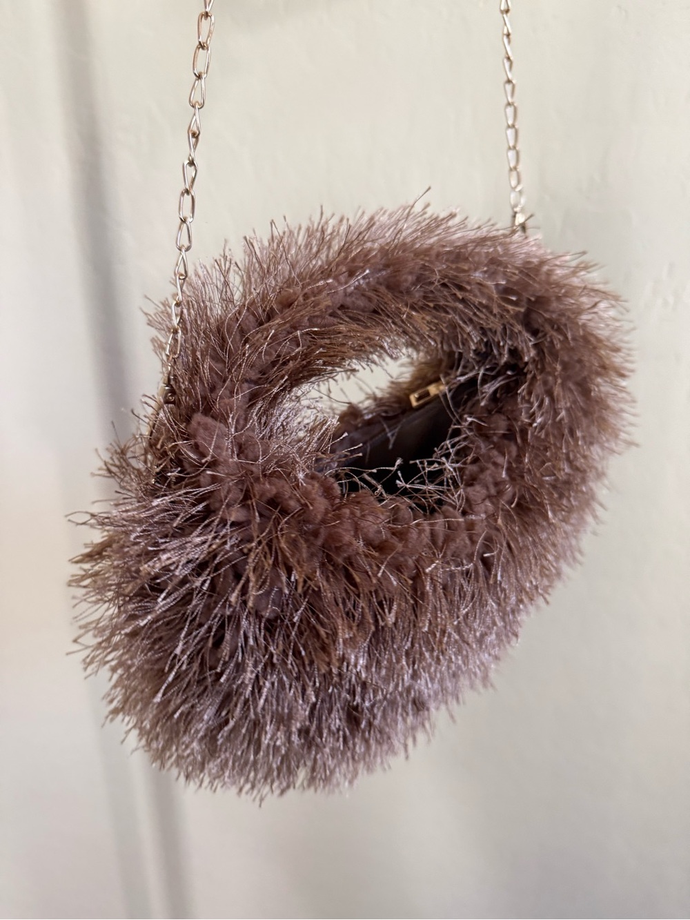 Nasty Gal Taupe Faux Feather Round Mini Bag with Chain Strap